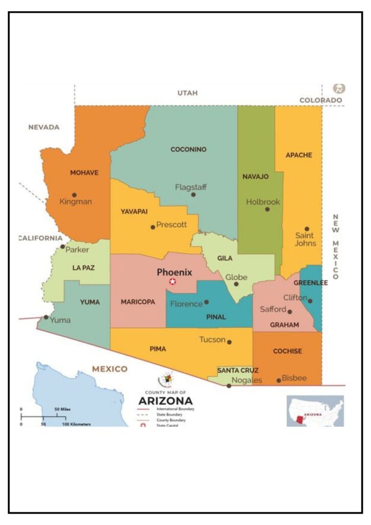 Arizona Map with County and Cities